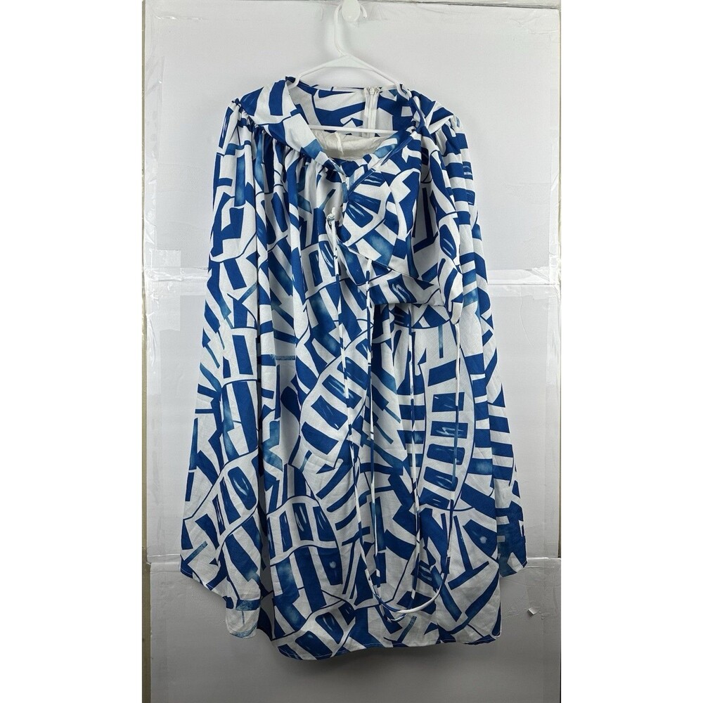 Blue White Abstract Print Maxi Dress Spaghetti Strap Tie Neck